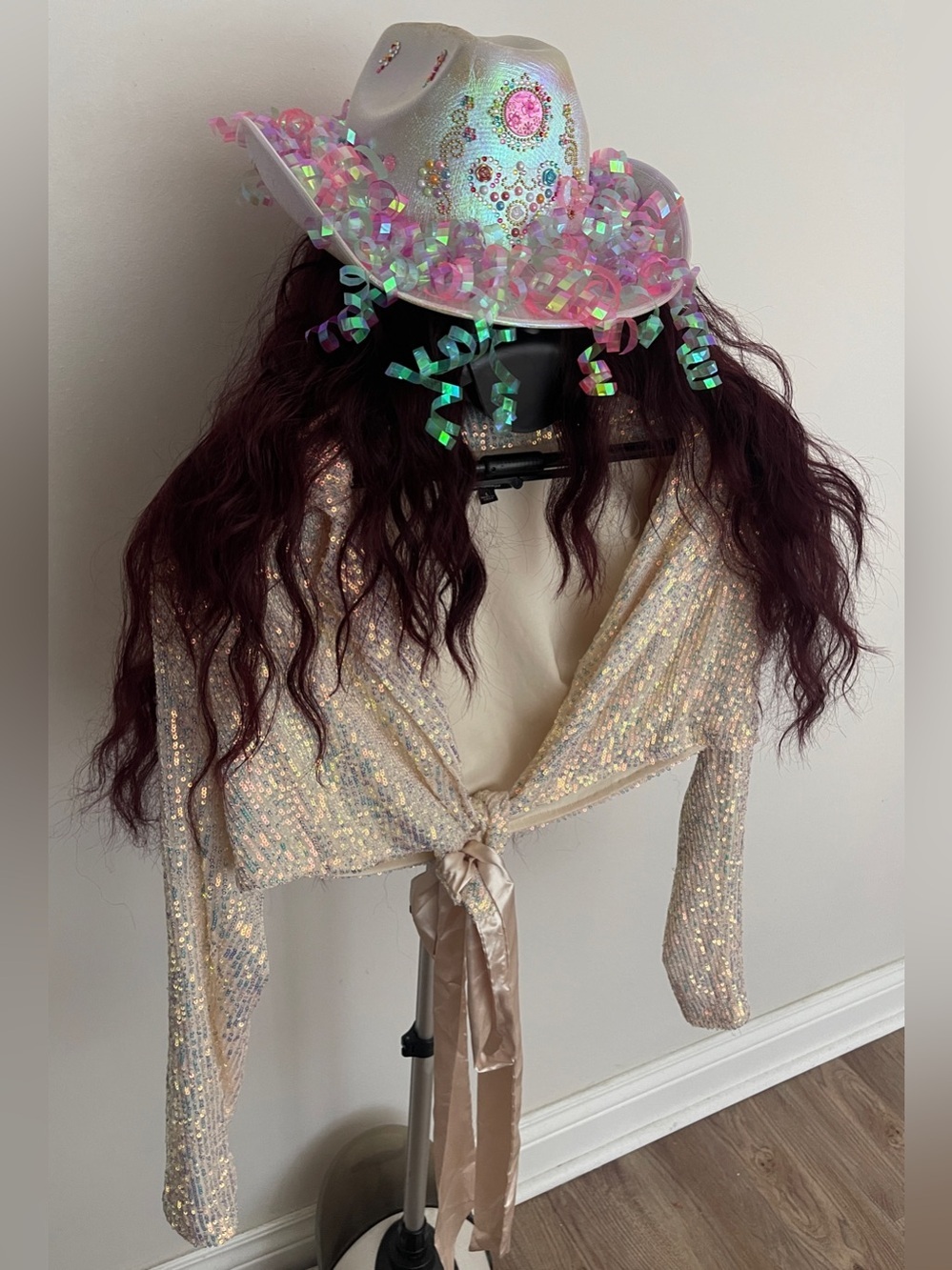Chappell Roan Halloween Costume Set - Sequin Cropped Blazer, Cowboy Hat, Wig